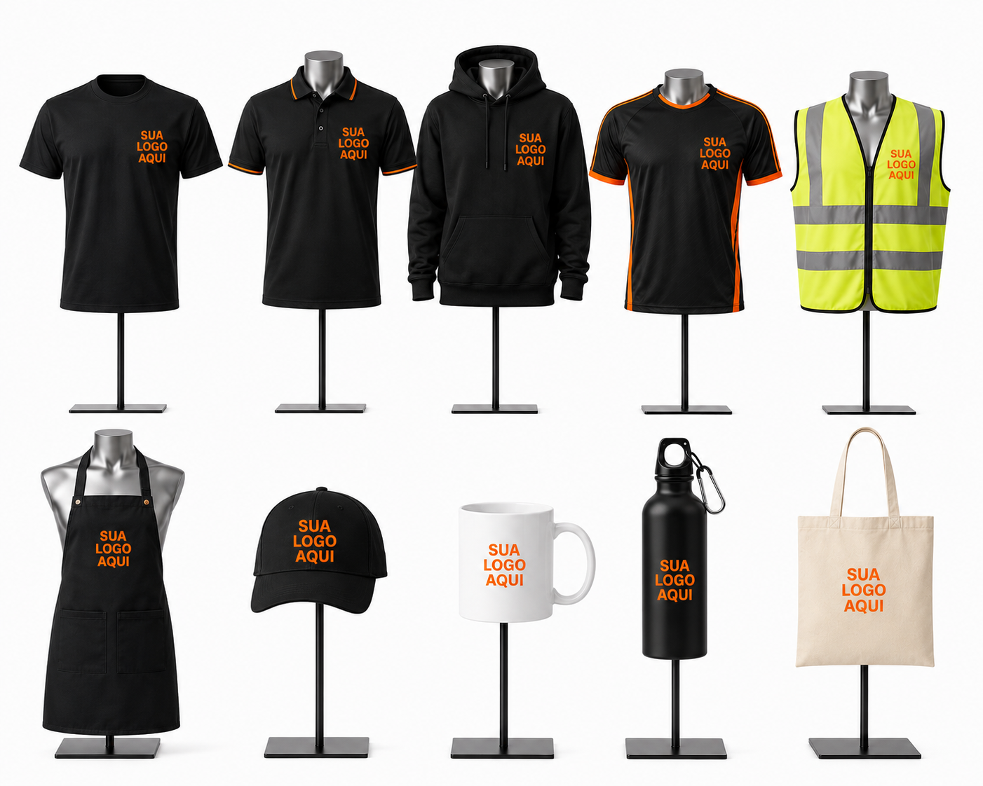 Composição de uniformes personalizados TK Custom: t-shirt, polo, sweatshirt, casaco, colete hi-vis e boné